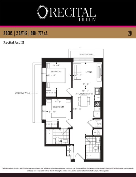 Floor plan for 2 beds, 2 baths, 690 sqft